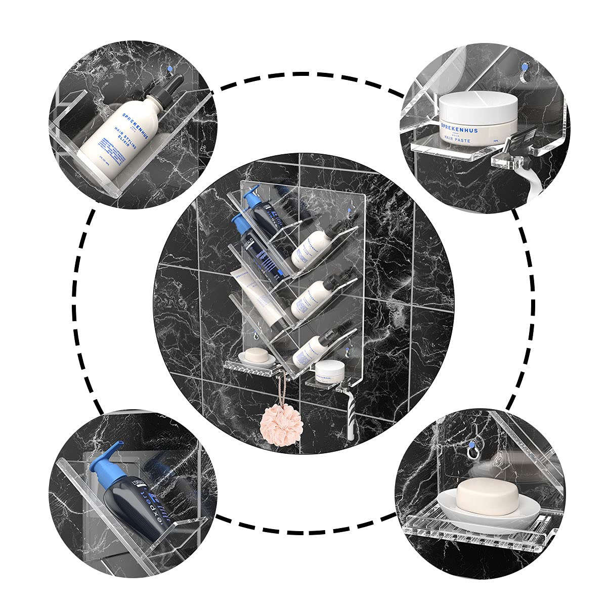 Aitee Acrylic Shower Caddy Organizer For Bathroom, Clear Shampoo Holder Organizer Shelf Wall Mounted, No Drilling And Rustproof,