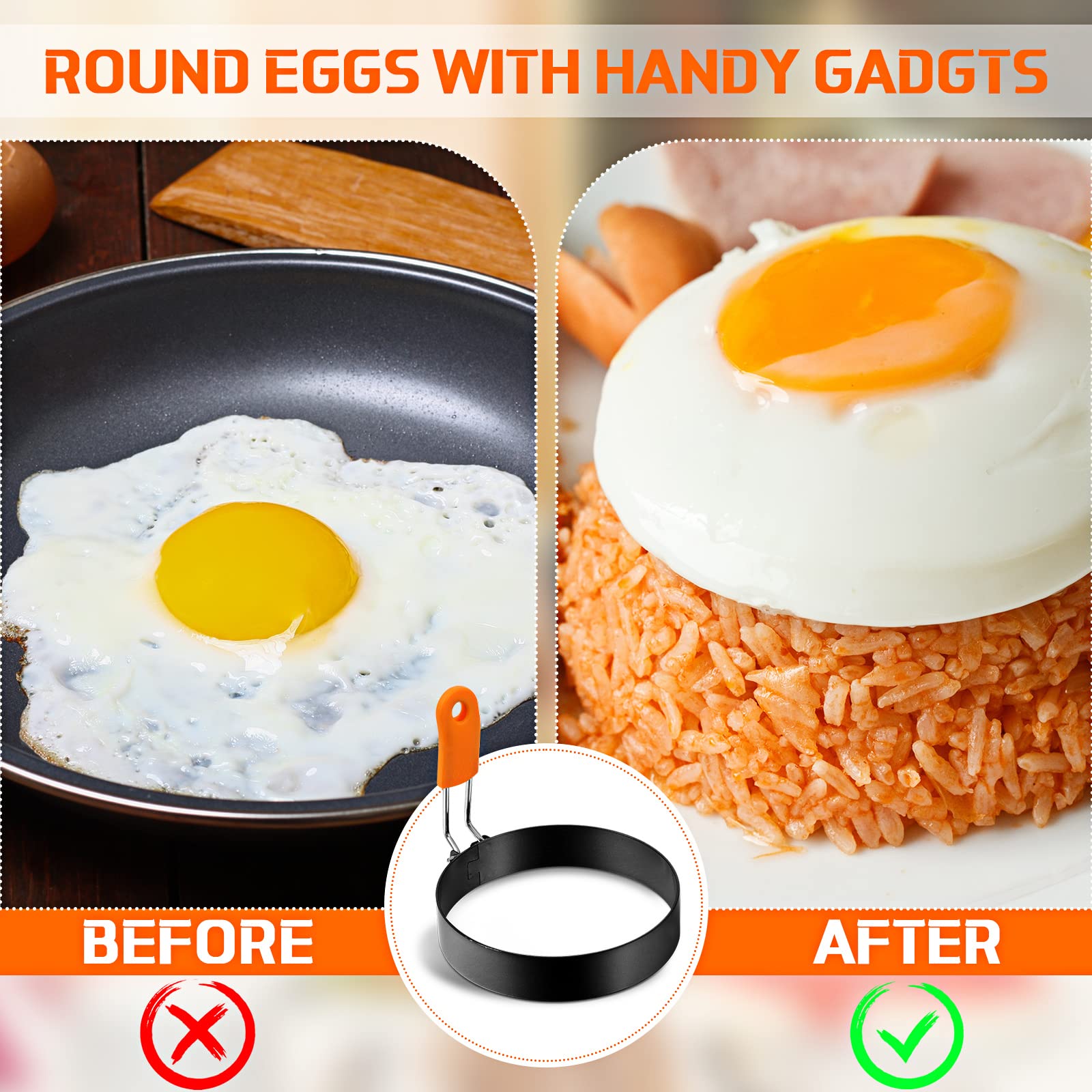 Patelai 12 Pcs 3.6 Inch Griddle Egg Ring For Frying Eggs With Orange Silicone Handle Stainless Steel Egg Circles For Cooking For