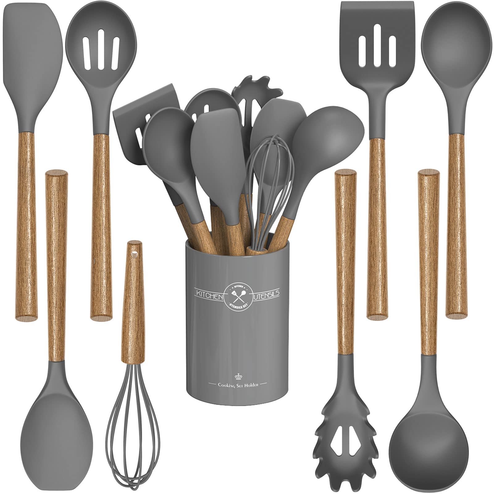 Silicone Kitchen Cooking Utensil Set, 9Pcs Kitchen Utensils Spatula Set With Wooden Handle For Nonstick Cookware, 446