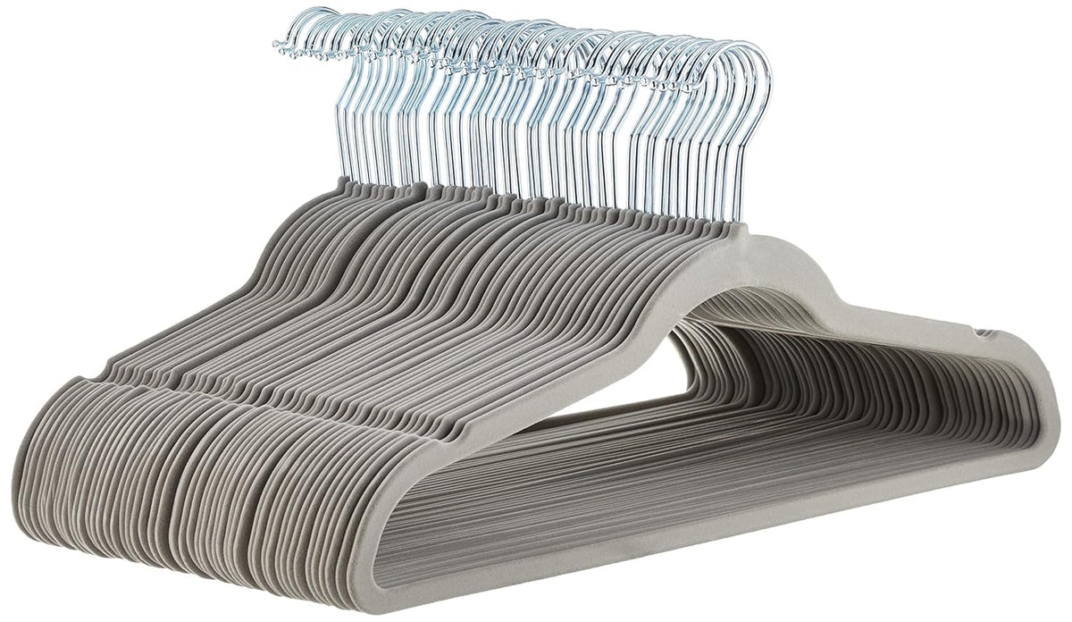 Amazon Basics Slim, Velvet, Non-Slip Suit Clothes Hangers, Gray/Silver - Pack Of 50