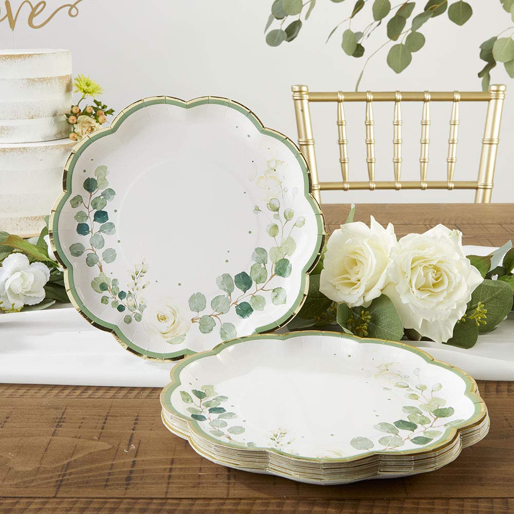 Kate Aspen Sage Green Party Decorations  Eucalyptus Floral 9 in. Decorative Premium Paper Plates (350 GSM weight -Set of 16) - Perfect for Greenery Baby Shower & Bridal Showers