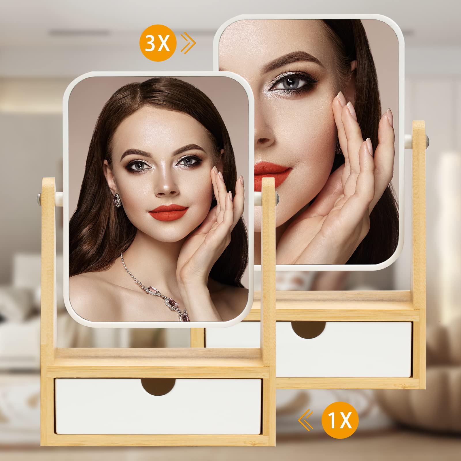 Yeake Vanity Makeup Mirror With Storage, 1X/3X Double Sided Magnifying Mirror With Adjustable Natural Bamboo Stand,Portable Smal