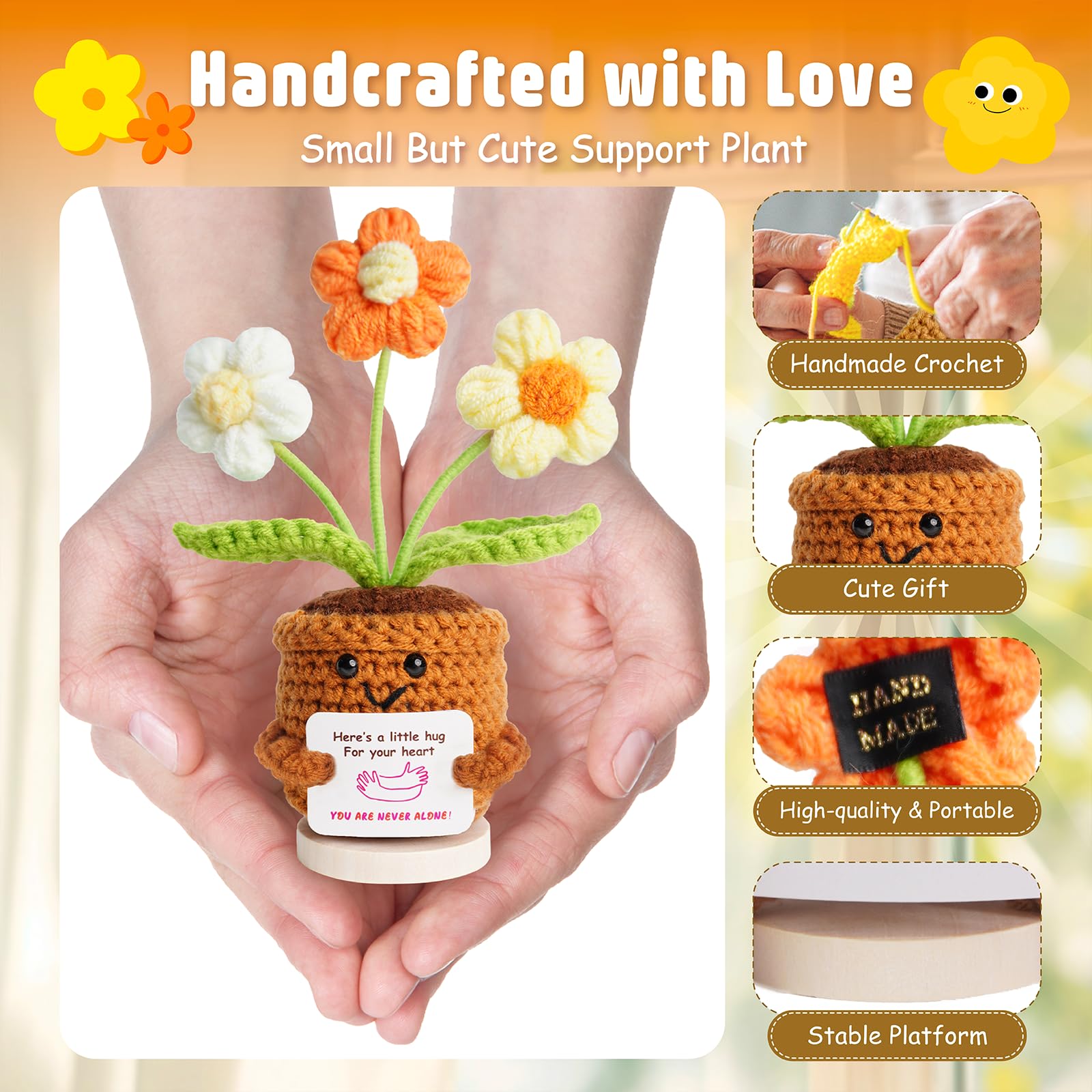 penzoos Emotional Support Plant - Handmade Crochet Daisy, Medium, Yarn, Orange & White, Stress Relief Gift for Friends and Family