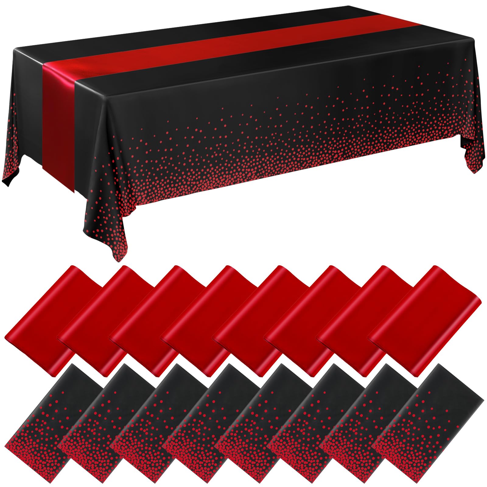 Breling 16 Pack Black and Red Disposable Plastic Tablecloths and Satin Table Runner Set, 54 x 108 Inch Tablecloth, 12 x 108 Inch