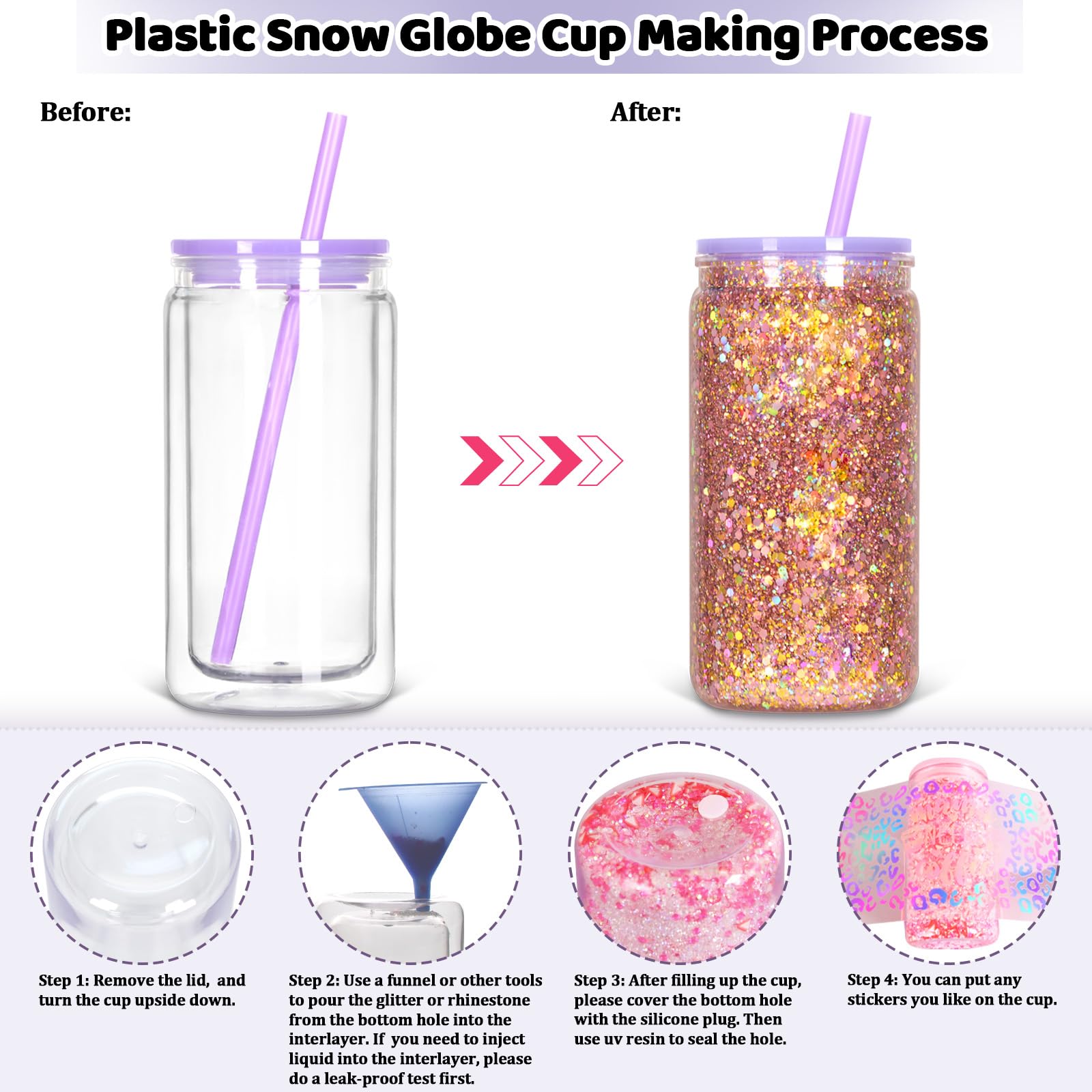 Tswofia 8 Pack Snow Globe Tumbler, 16 Oz Double Wall Plastic Can With Lid and Straw, Mason Jar Mug for DIY Glitter Gift (Mixed C