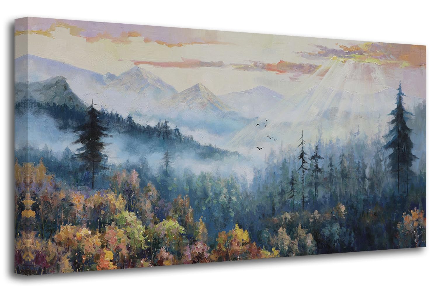Arjun Forest Wall Art Landscape Foggy Nature Painting Modern Indigo Green Pine Tree Scenery Picture, Mountain Misty Large Framed