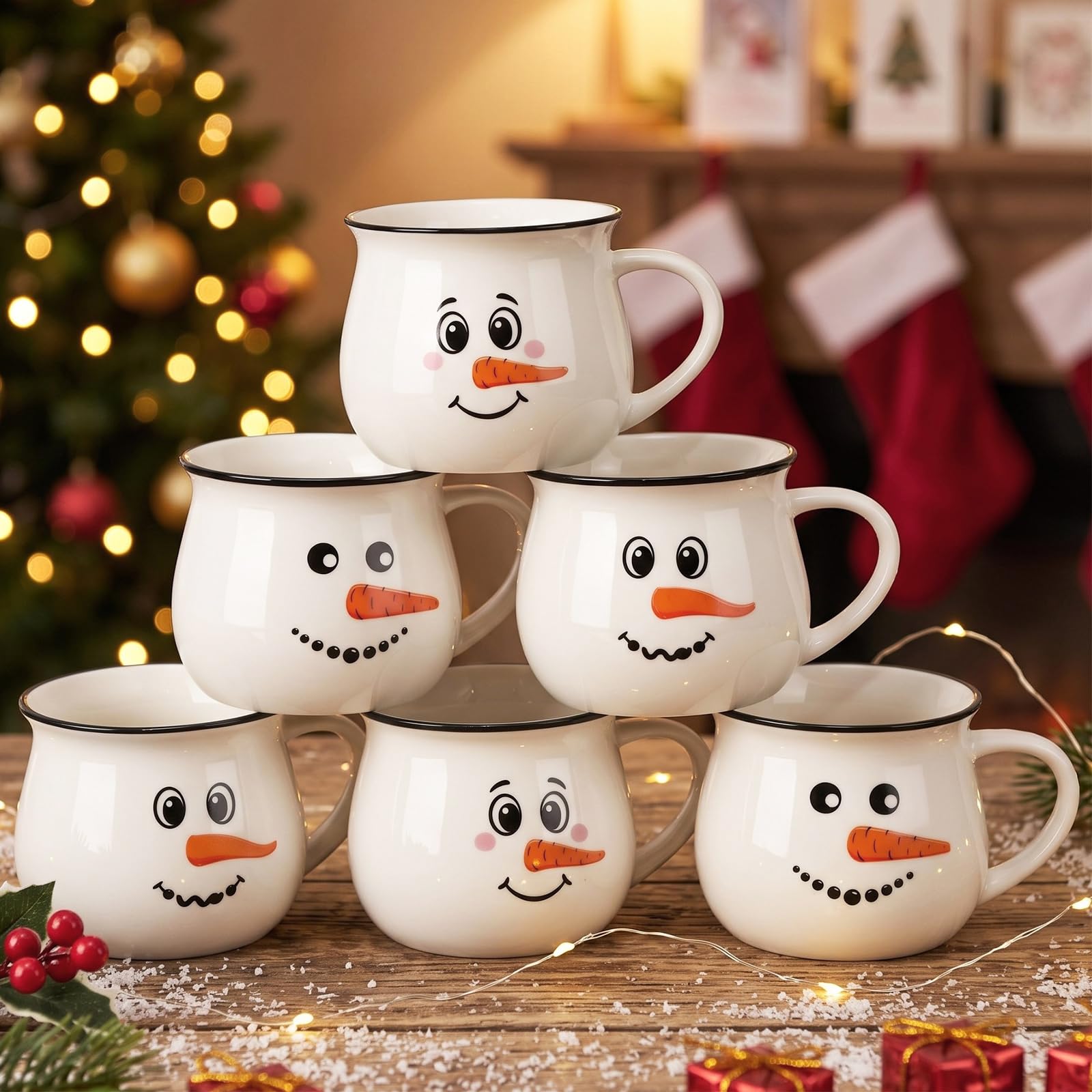 Vesici 6 Pcs Christmas Ceramic Mugs Bulk White Snowman Winter Coffee Cups