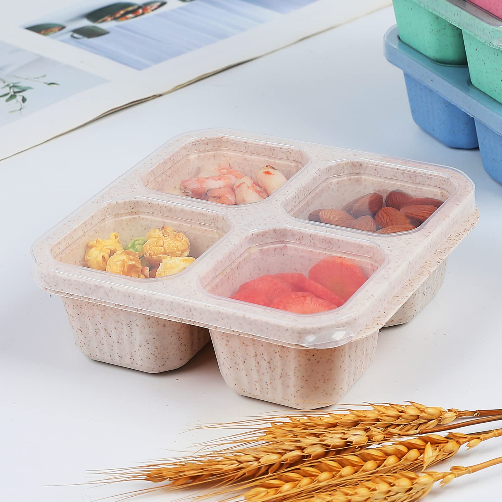Buluker 4 Pack Bento Snack Containers Set, 4 Compartment Food Storage Containers Wheat Straw Meal Prep Lunch Box Plastic Food St