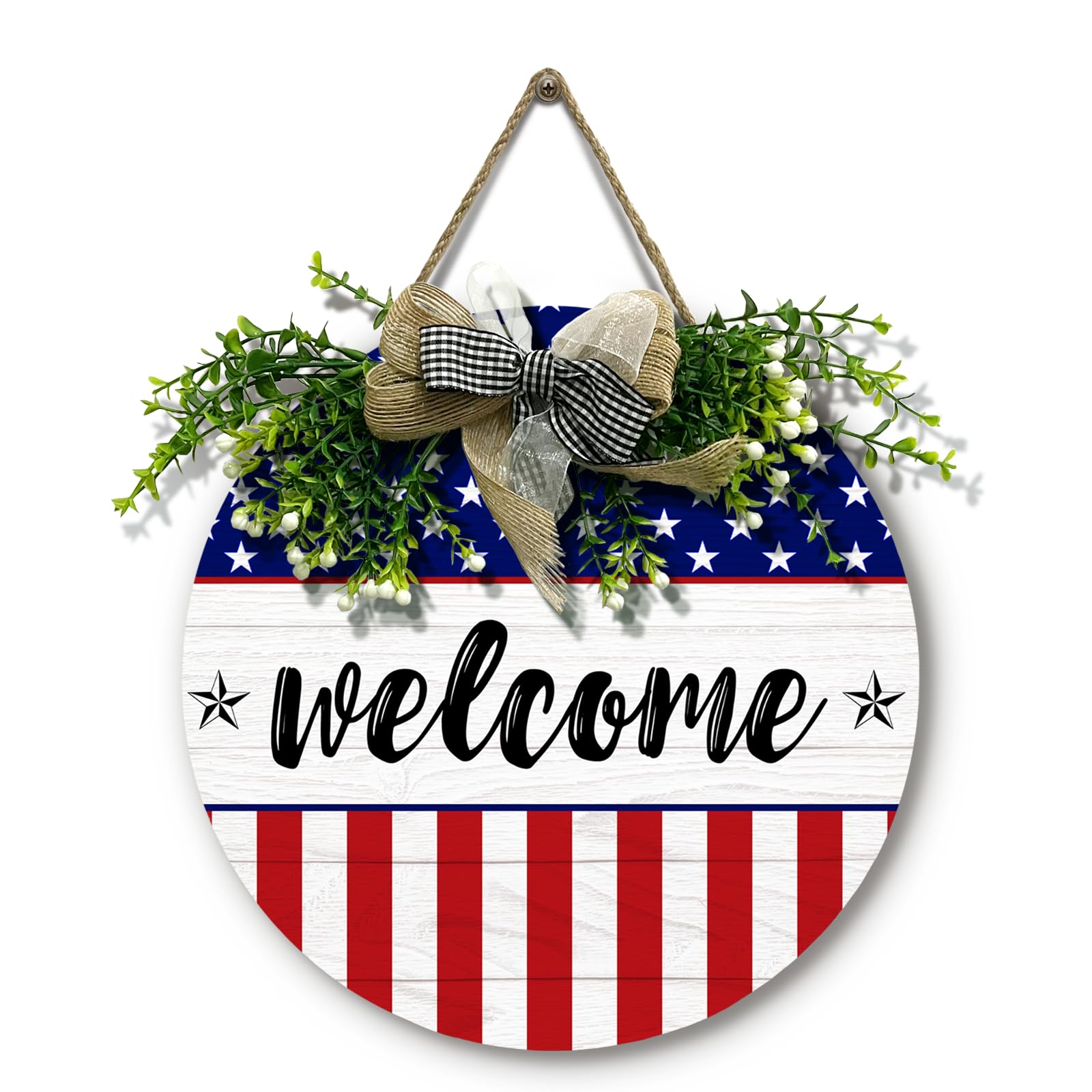 Dacawin 4th of July Door Sign Patriotic Star Wood Hanging Sign With Wreath And Bow Welcome Independence Day Front for Door Signs