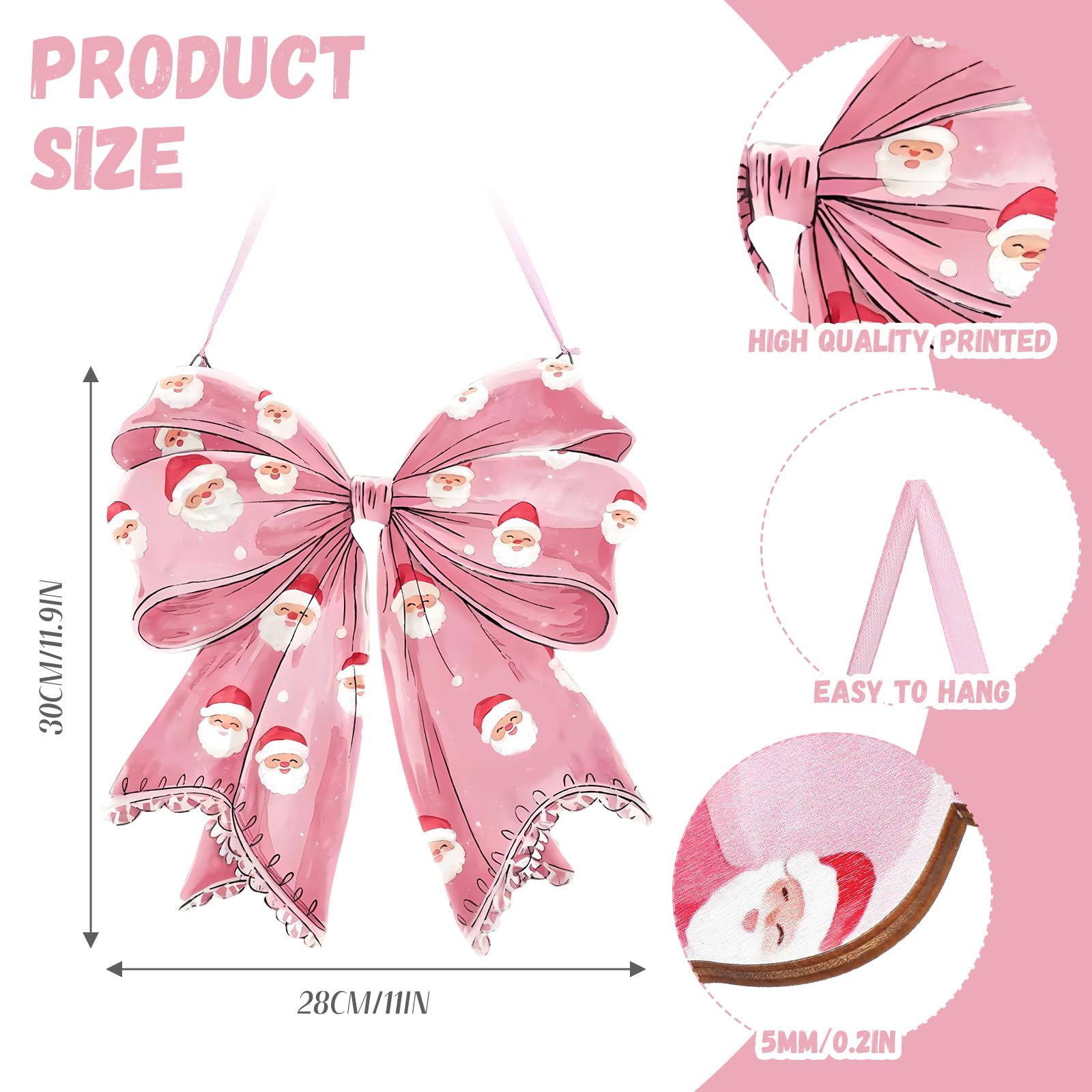 RattanView Santa Claus Pink Bow Wooden Hanging Sign Coquette Bow Wall Hanging Hanger Cute Christmas Preppy Wall Art Bowknot Welc