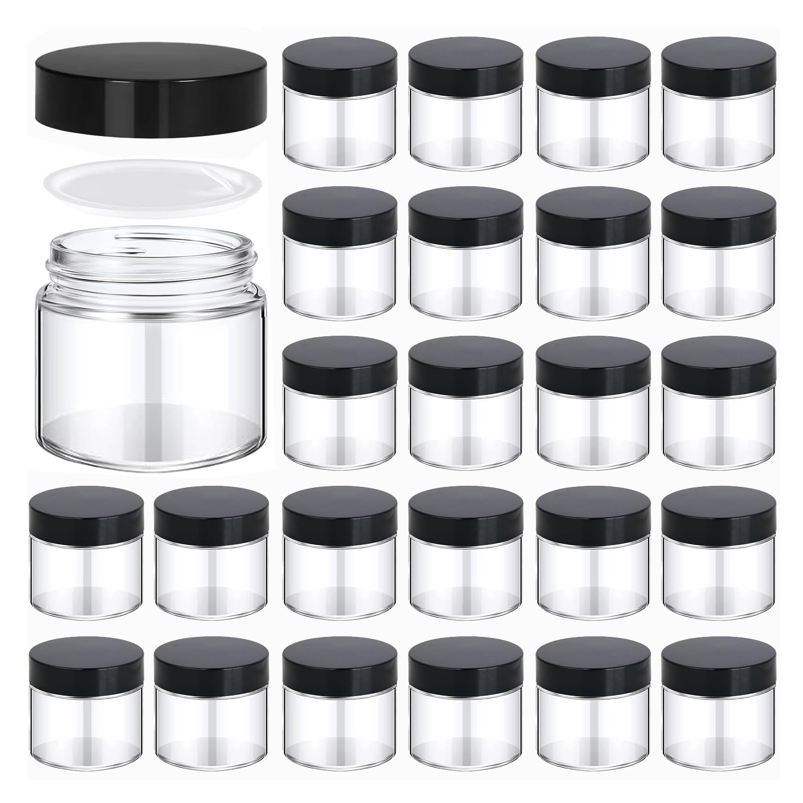 BPFY 24 Pack 2 oz Glass Jars with Lids Small Glass Cosmetic Containers with Black Lids Empty Jars for Lip Balm, Skincare, Salve,