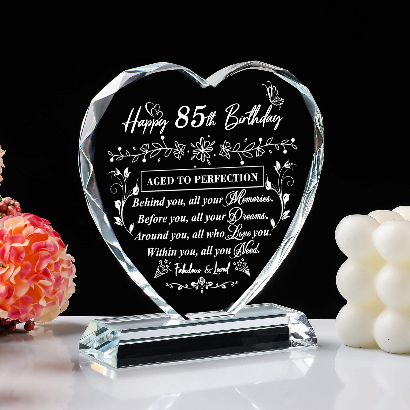 Qianruna 85Th Birthday Gifts For Women Men, Laser Glass Heart 85Th Birthday Decorations Ideas, Happy Birthday Gifts For 85 Year