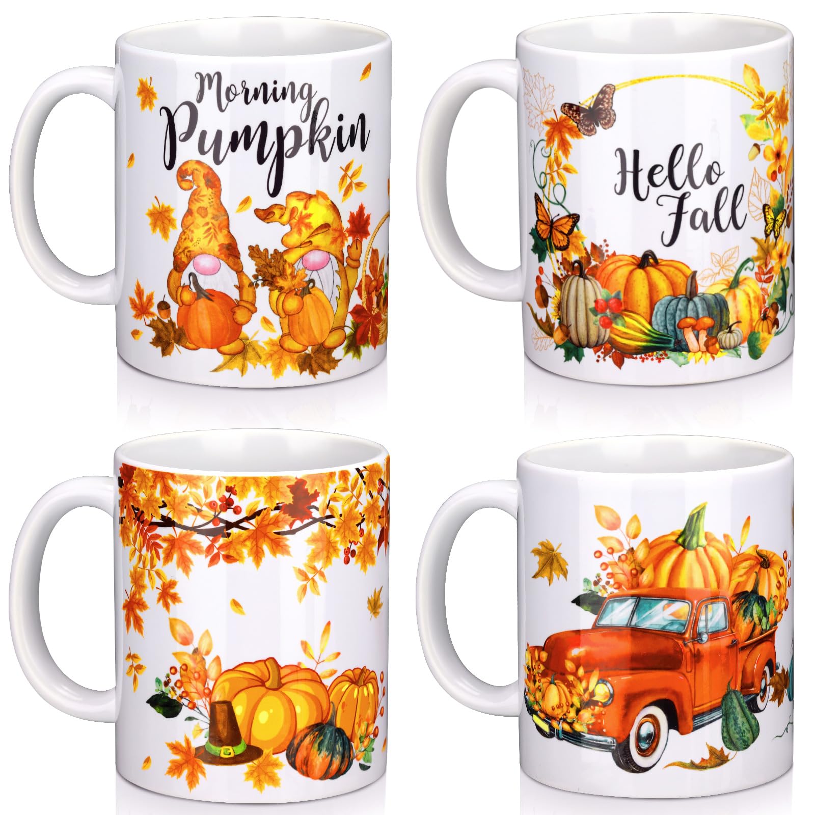 Patelai Fall Mugs Set of 4, 12oz Pumpkin Coffee Mugs Gnomes Autumn Themed Coffee Cups for Women Mother Birthday Thanksgiving Gif