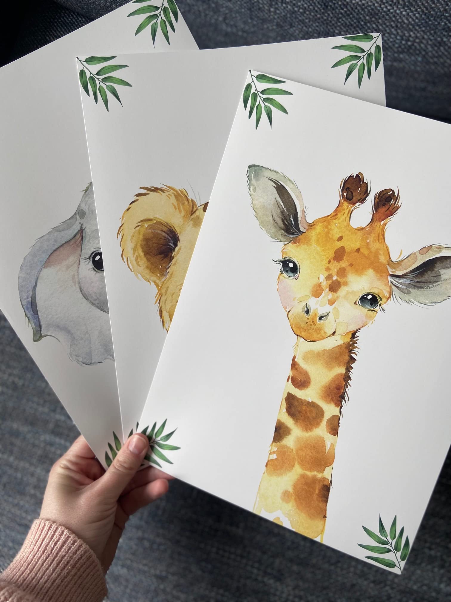 Baby Safari Animals For Girl Or Boy Nursery Bedroom, Set Of 3 Unframed Wall Art Prints, Jungle Leaves Posters, Nursery Decor Gif