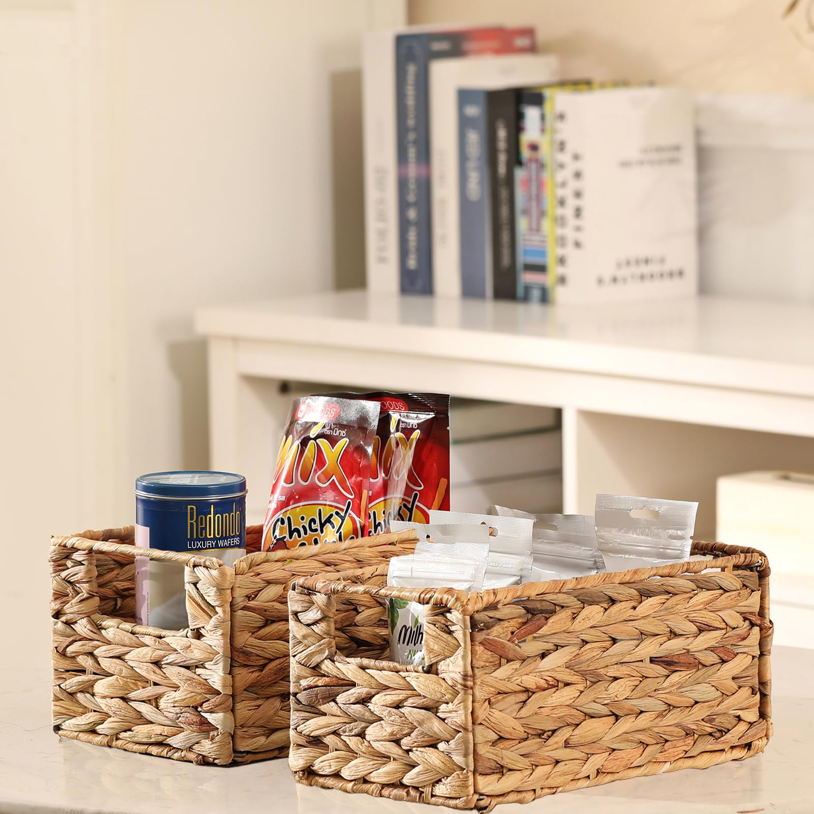 Vagusicc Storage Basket, Set Of 2 Wicker Basket, Hand-Woven Water Hyacinth Storage Baskets For Organizing, Foldable Rectangular