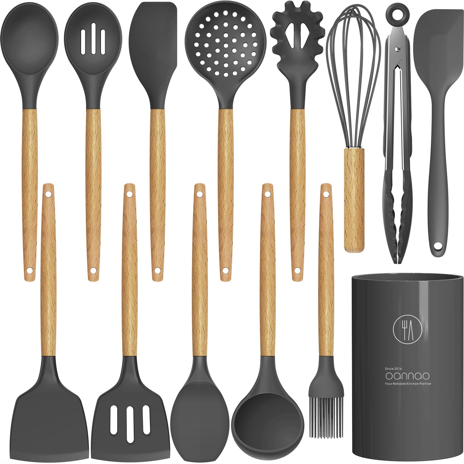 14 Pcs Silicone Cooking Utensils Kitchen Utensil Set - 446F Heat Resistant,Turner Tongs, Spatula, Spoon, Brush, Whisk, Wooden Ha