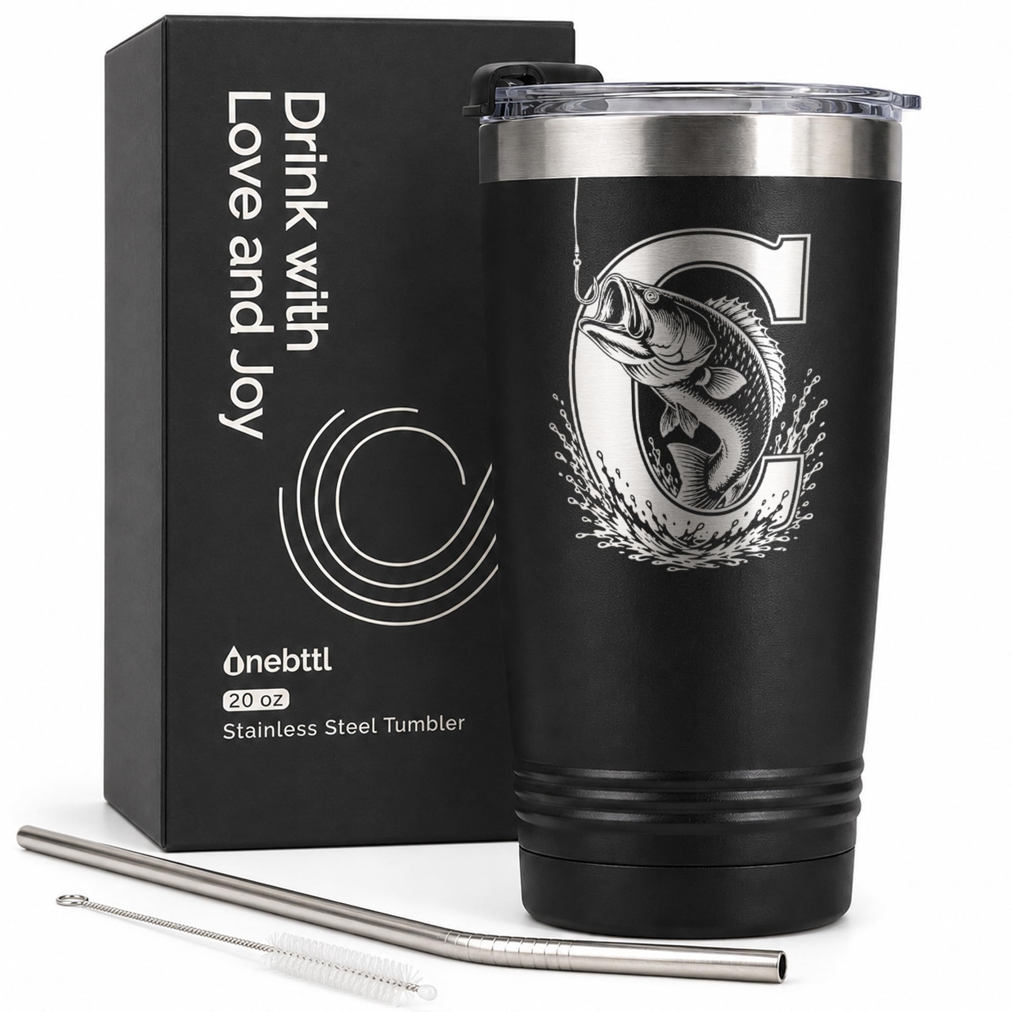 Onebttl Fishing Gifts for Men Initial Tumbler, 20oz Stainless Cup, C
