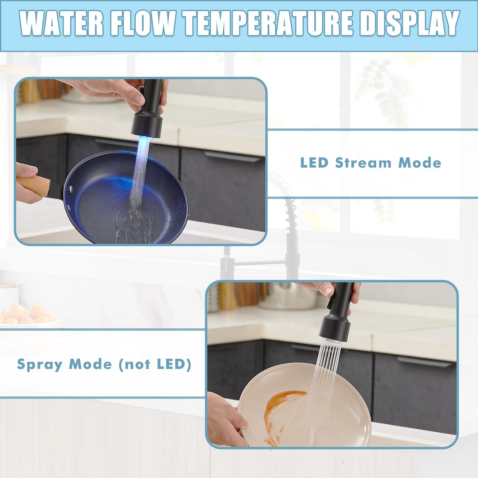 Gimili Matte Black Led Kitchen Faucet With Soap Dispenser, Modern Single Handle Spring Kitchen Sink Faucets With Pull Down Spray