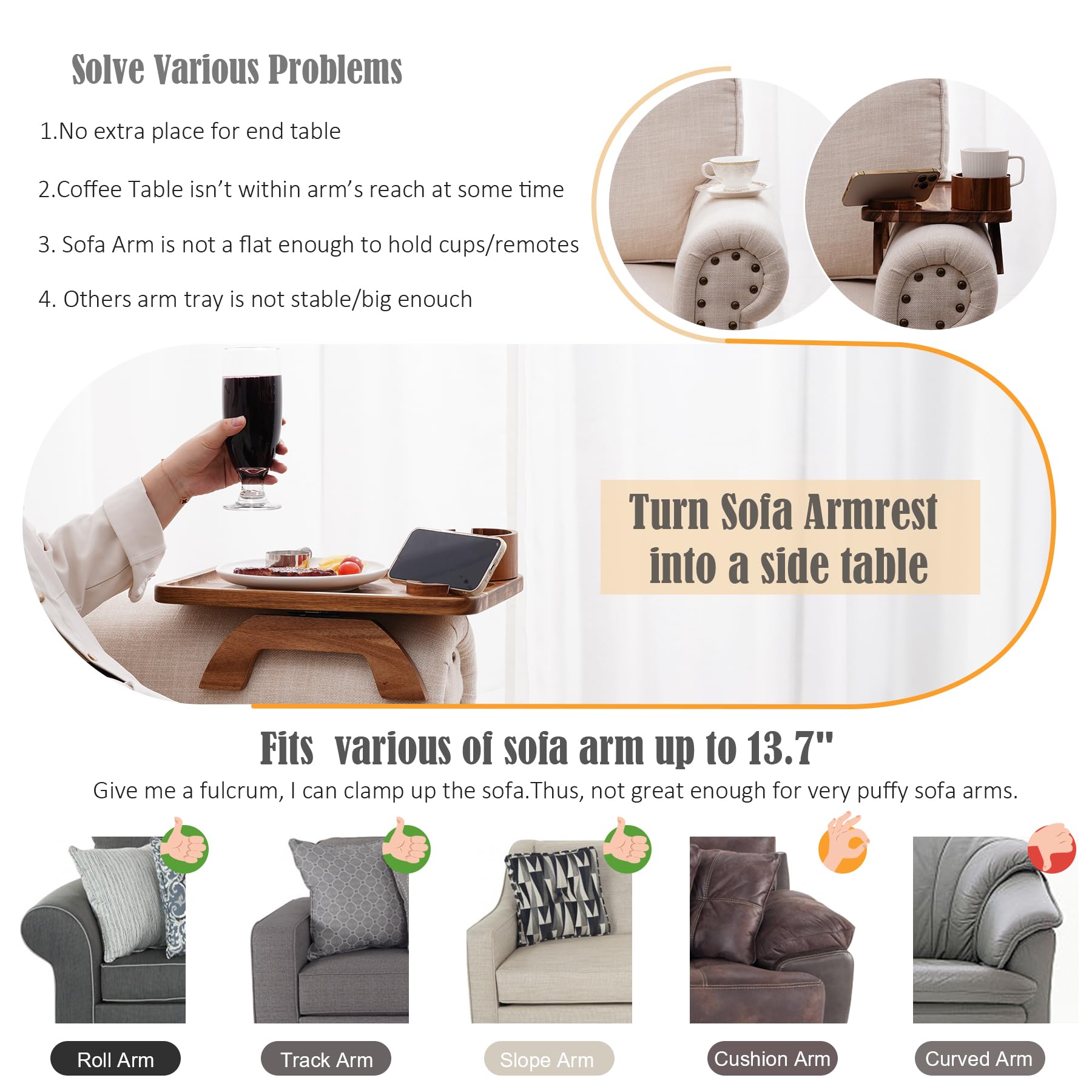 Nnewvante Couch Cup Holder Tray, 3 In 1 Large 15.36''X9.85'' Acacia Wood Sofa Arm Clip On Tray Table With 360Rotated Phone Holde