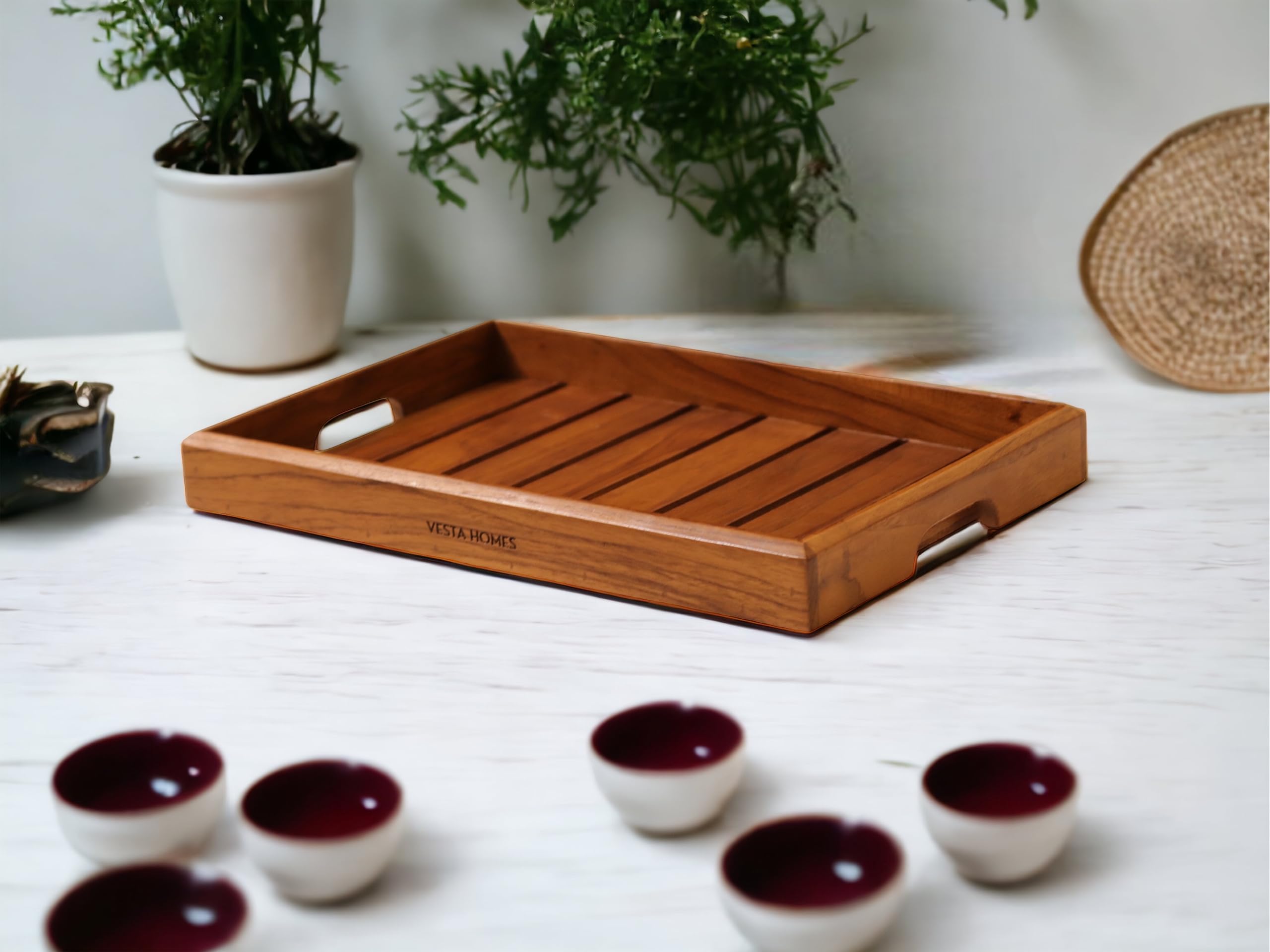 Vesta Homes Large Teak Wood Serving Tray For Home, Kitchen, Breakfast, Restaurant, Office Organizer, Dining Table | Premium Wood