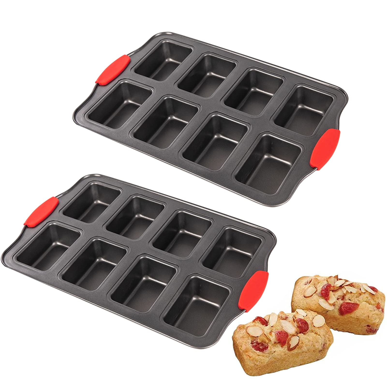PLAZOTTA Mini Loaf Pan Set - 8 Cavity Carbon Steel with Silicone Handles, Black, Model P-MiniLoafPan-SiliHandle2pc