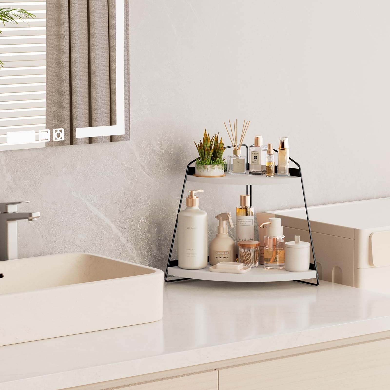 Puricon Corner Bathroom Counter Organizer, 2-Tier Wood Countertop Bathroom Sink Corner Shelf, Vanity Corner Counter Rack For Bat