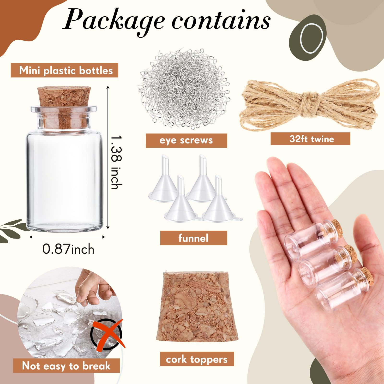 Bokon 50 Packs Mini Plastic Bottles with Corks Stoppers Eye Screws Funnels Small Potion Bottles Tiny Clear Sand Art Jar Wishing