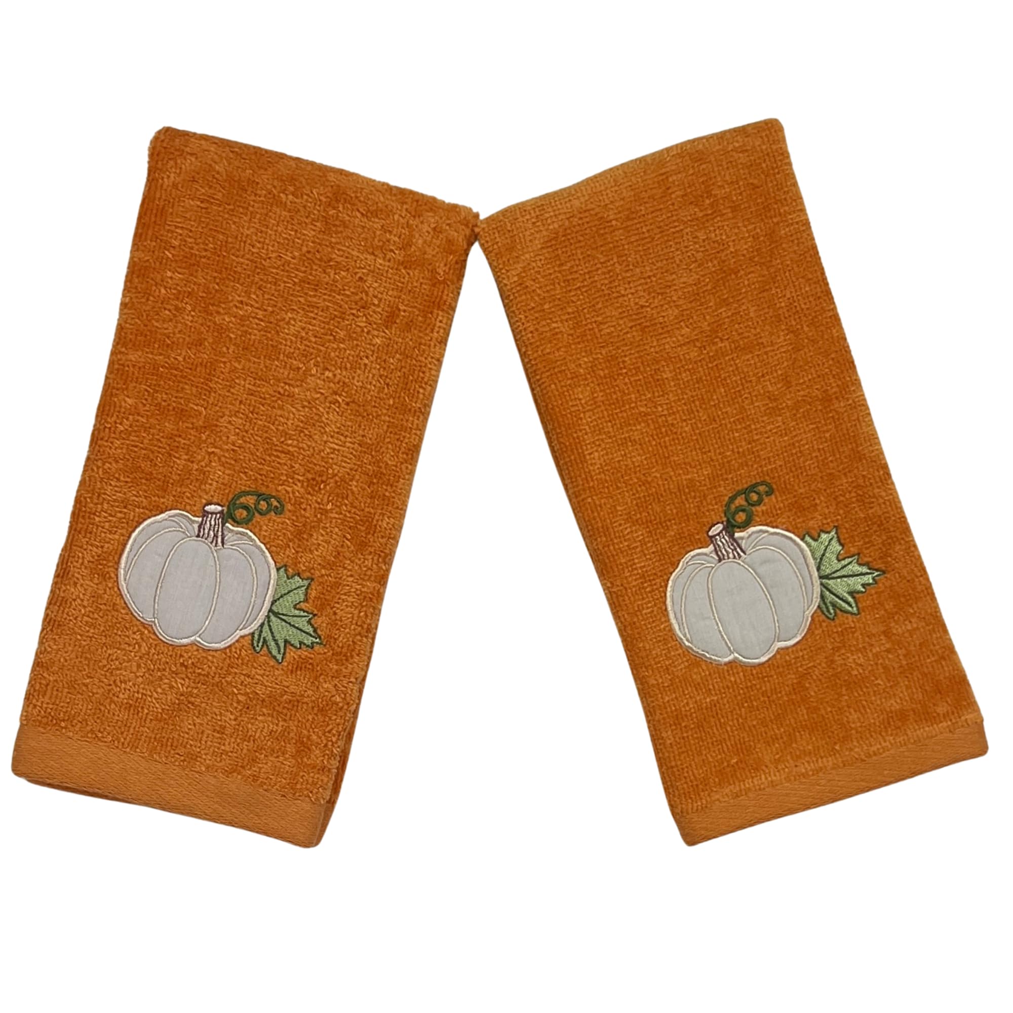 Harvest Fall Tip Towels: Plush Rust Orange Cotton Towels With Pumpkin Leaf Design Set Of 2, 12'' X 18'' Inch