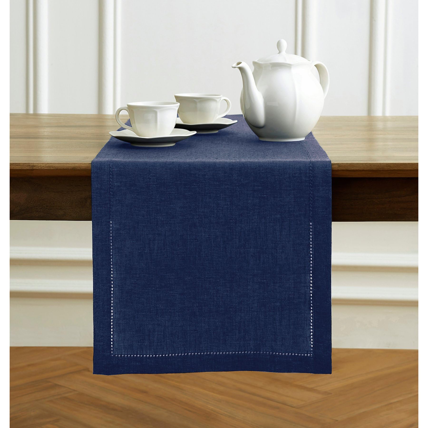 Solino Home Linen Table Runner 90 Inches Long - Chambray Navy, 100% Pure Linen Hemstitch Dining Table Runner 14 X 90 Inch Ideal