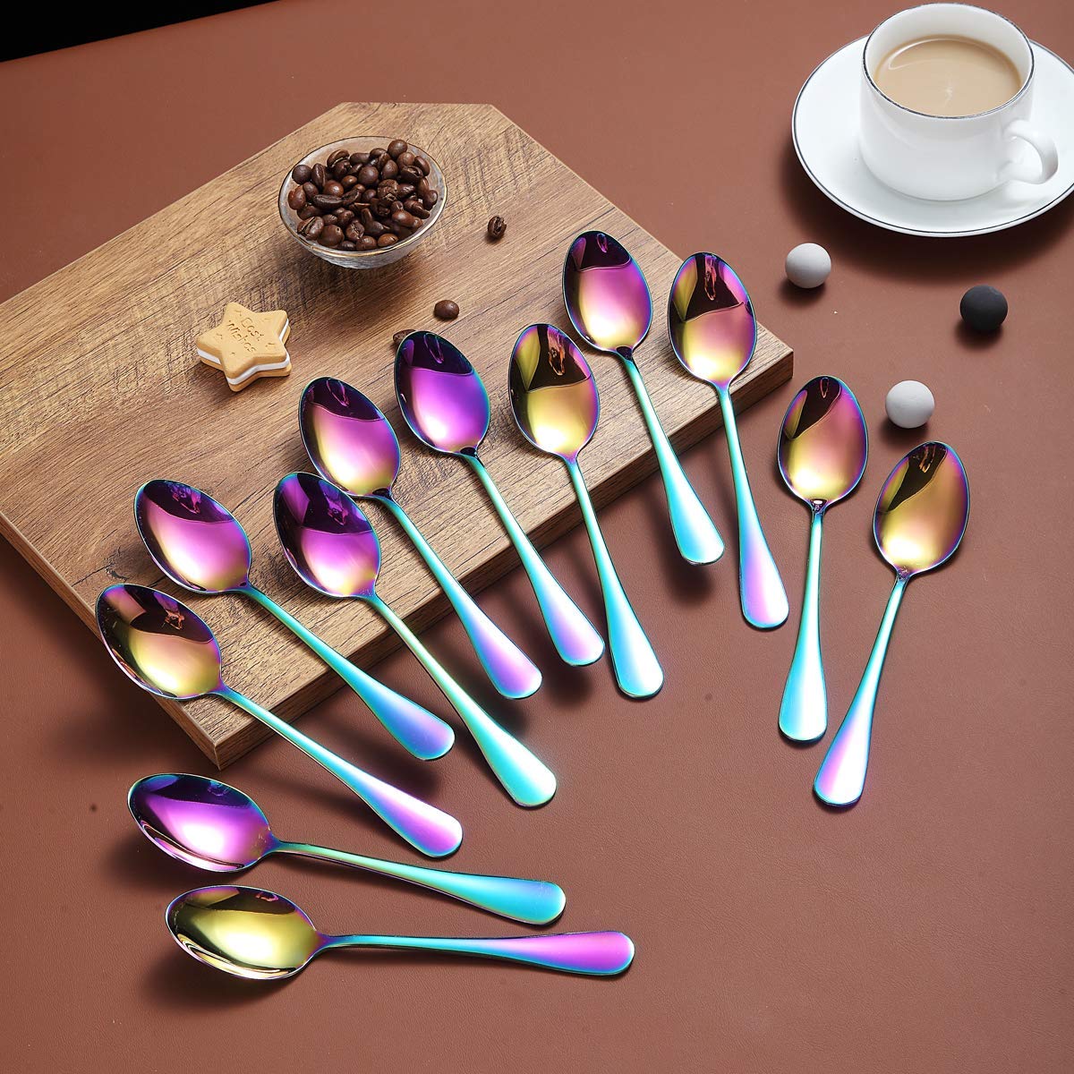 Rainbow Teaspoons 6.5'' Set Of 12, Berglander Stainless Steel Titanium Plating Shiny Mutil-Color Tea Spoons Silverware, Colorful