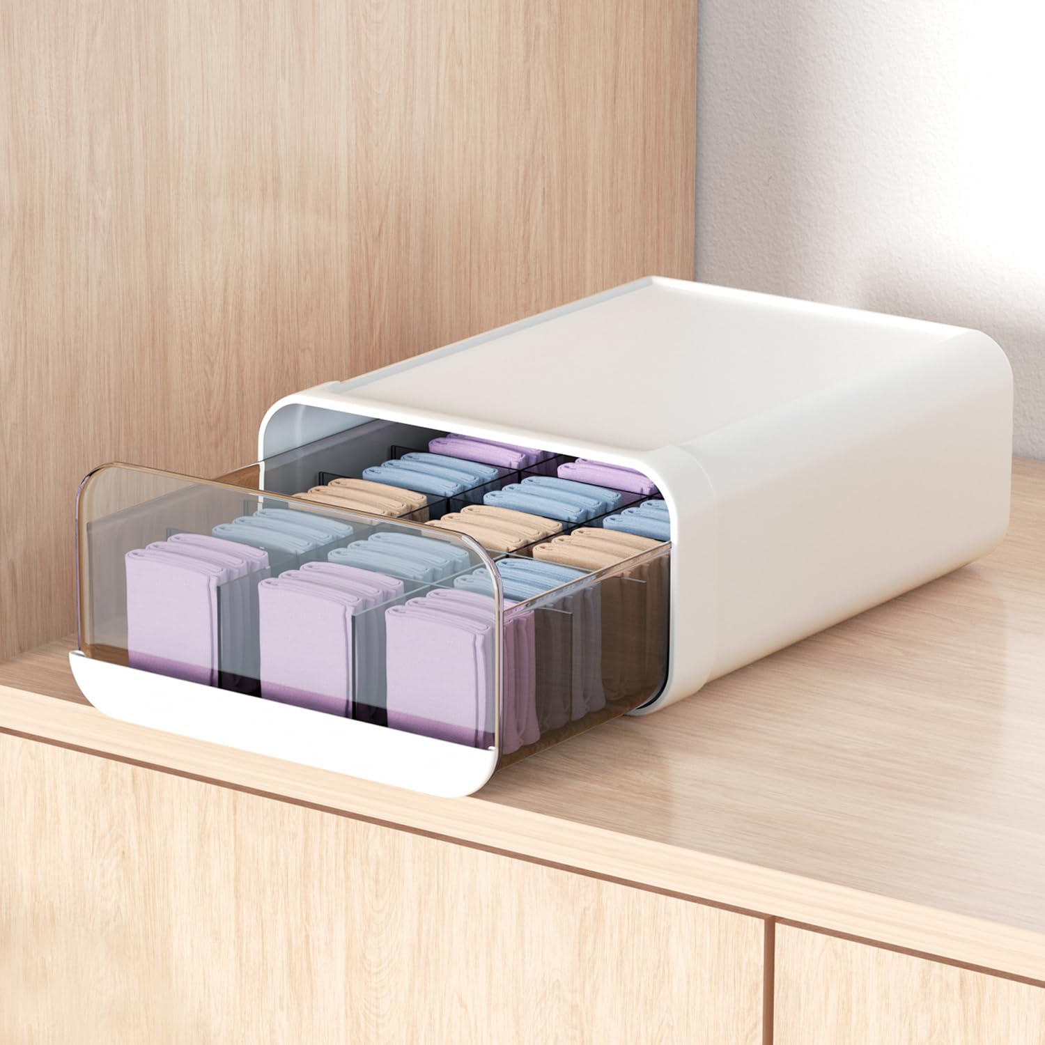 Miaocona Underwear Organizer Drawer, 15 Cells Plastic Sock Underwear Storage Drawer, Stackable Closet Organizers and Storage Box