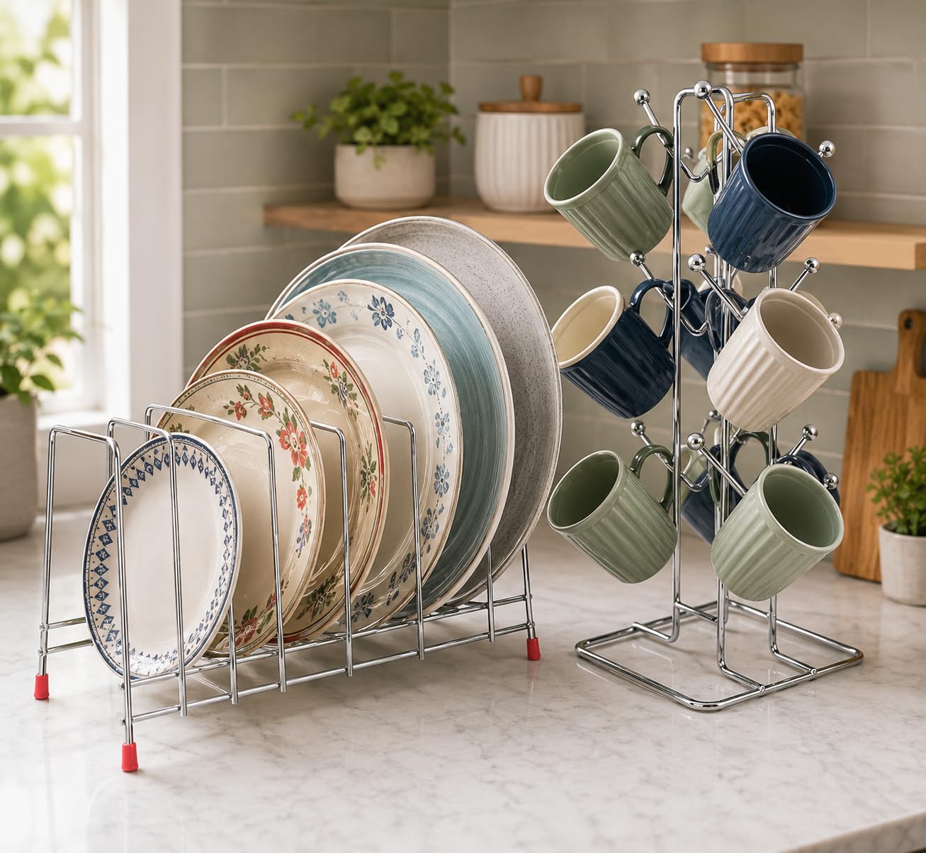 Zepdos Stainless Steel 9 Plate Organiser For Kitchen With Cup Holder, Thali Rack, Dish Rack For Kitchen, Plate Stand With Lid Ho