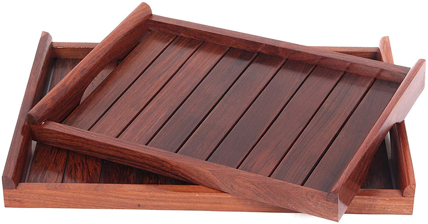 Woodykart Wooden Serving Tray/Table Decor Brown Set Of 2 Trays With Handles