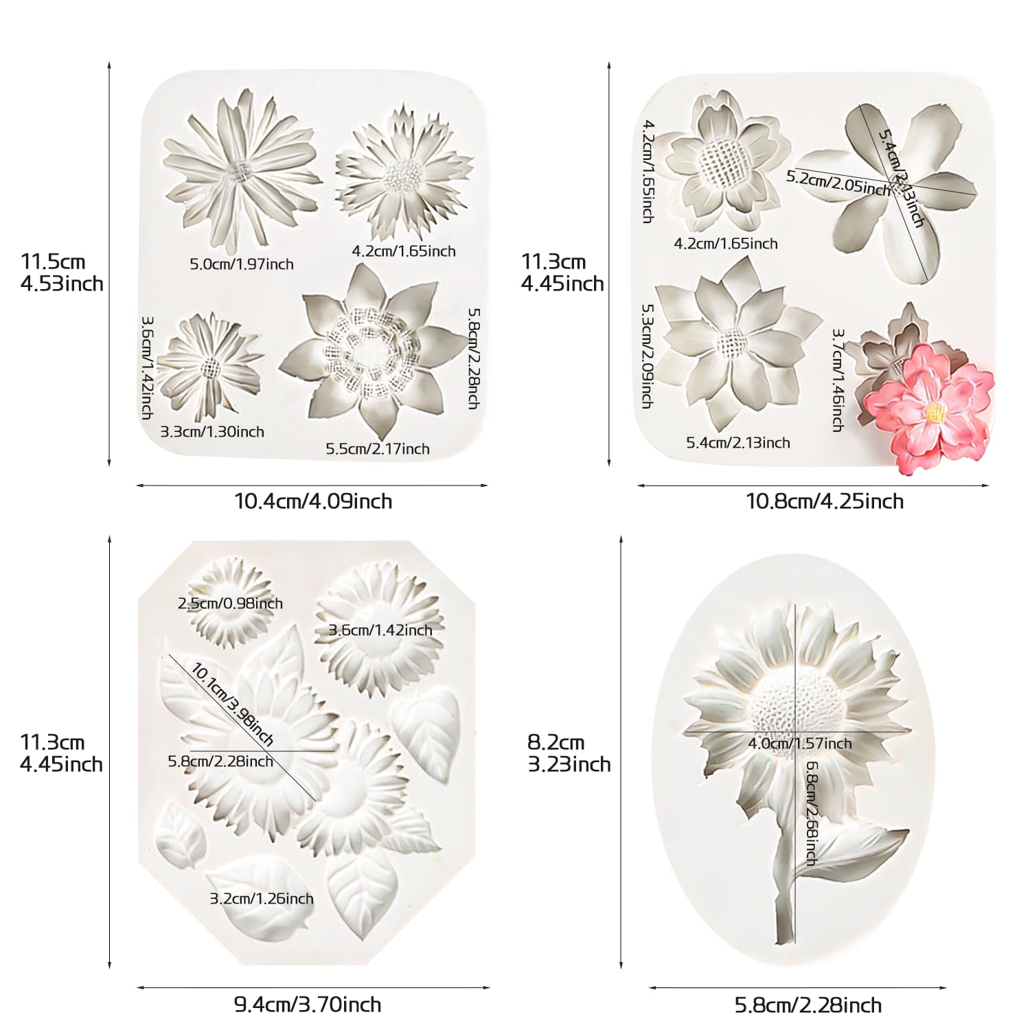 Kalaien 4Pcs Sunflower Fondant Silicone Mold For Cake Topper Decoration Chocolate Candy Sugar Diy Craft Gum Paste