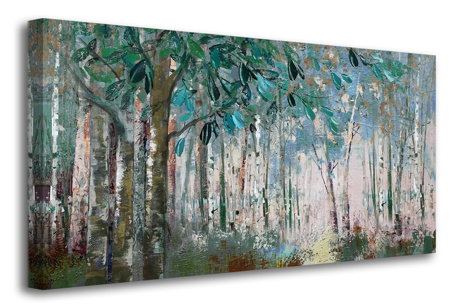 Ardemy Green Tree Canvas Wall Art Forest Landscape Picture Modern Birch Trees Nature Painting, Abstract Artwork 40''X20'' Framed
