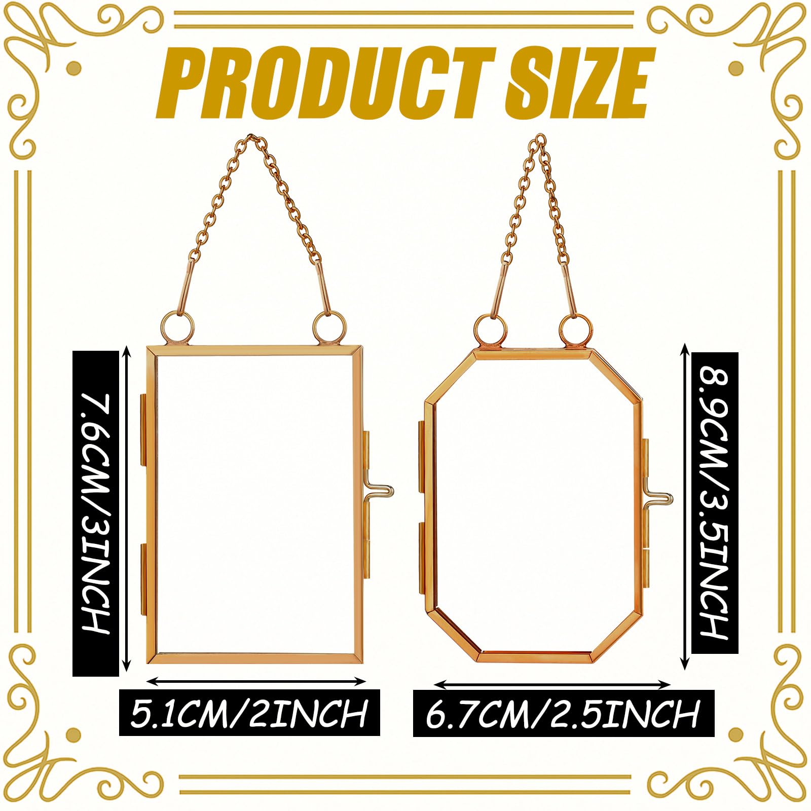 Qunclay 6 Pcs 2.5 x 3.5    2 x 3 Christmas Brass Picture Frame Ornaments Octagonal Rectangular Christmas Metal Double Glass Hang