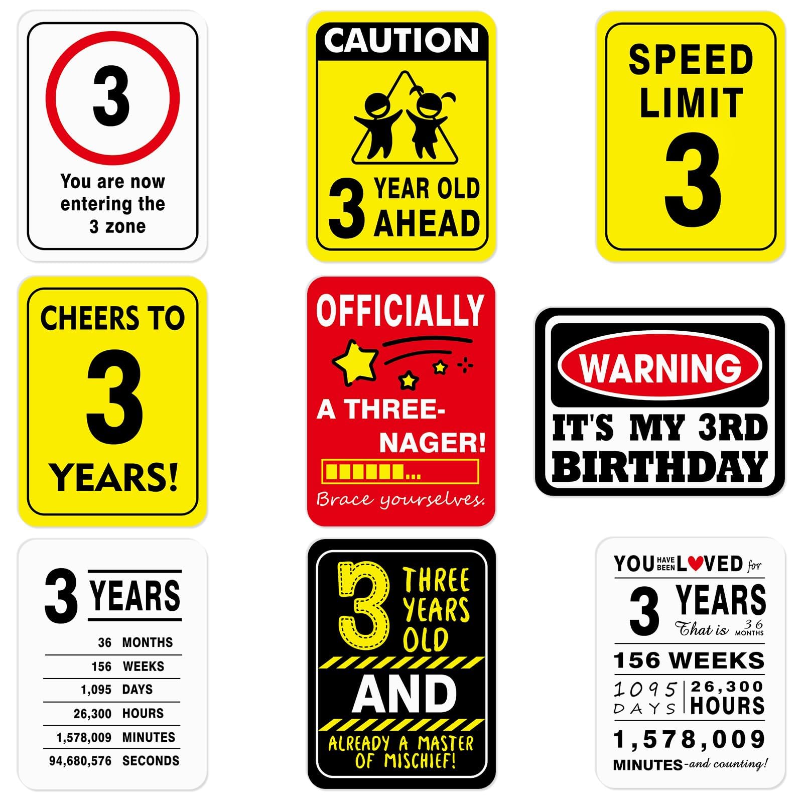WERNNSAI 3rd Kids Birthday Party Decorations - 9PCS Wall Signs Tags for Baby 3 Year Old Party Decor Yellow Caution Logos on Door