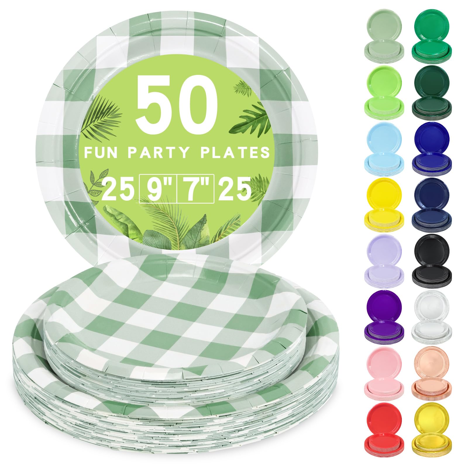 LANLISA 50 Sage Green Gingham Paper Plates Set Includes 25-9 & 25-7 Disposable Birthday Cake Dessert Green and White Plates for 