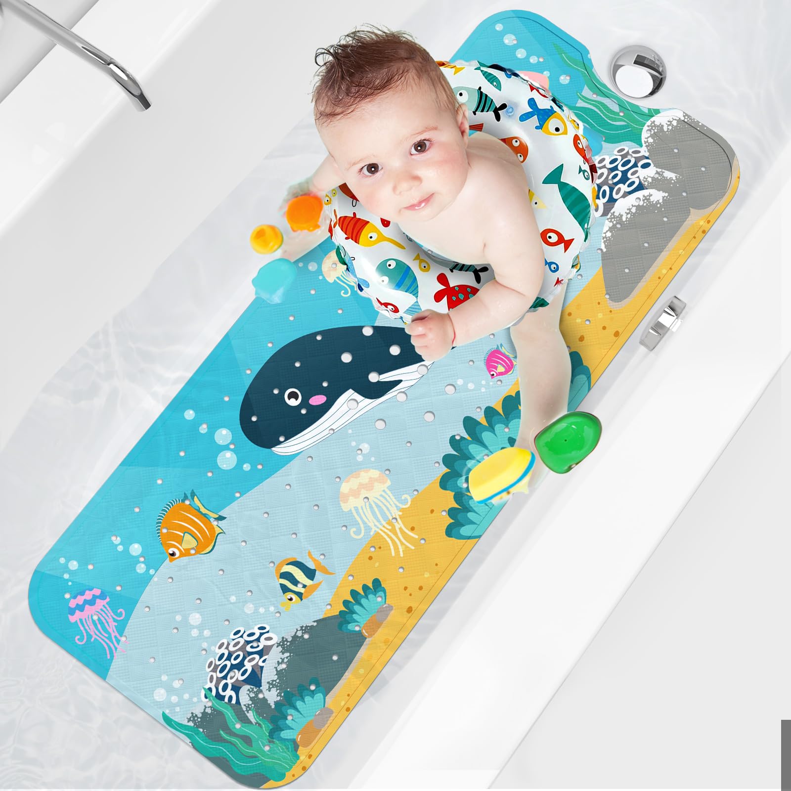 Xiyunte Baby Bath Mat For Tub For Kids, 40 X 16 Inch Extra Long Kids Bathtub Mat Non Slip, Cartoon Patterned Bath Tub Shower Mat