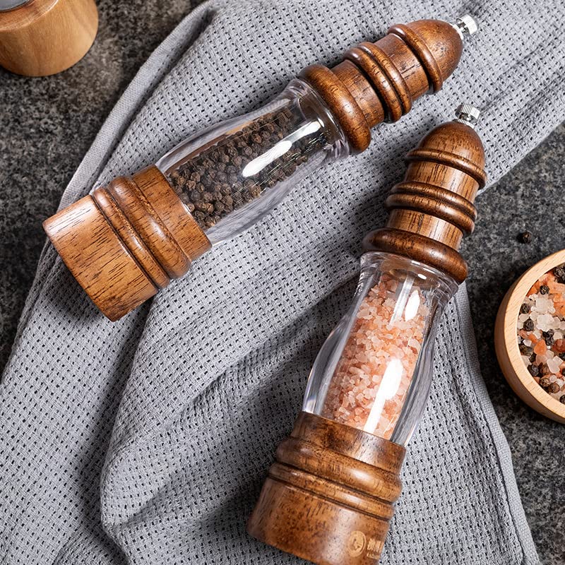 Leden Wood Pepper Grinder Mill, Manual Salt And Pepper Mills Refillable With Visible Window, Pepper Shakers, Salt Mill, Adjustab