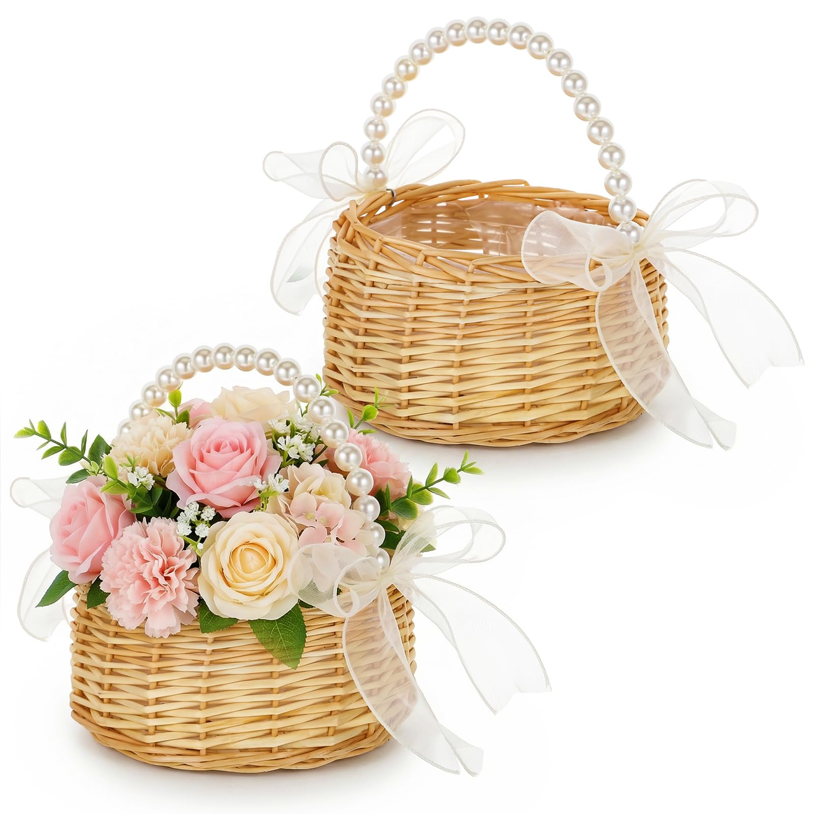 2 Pack Wicker Rattan Flower Girl Basket, 7.5x5.1x3.34 Inch Rattan Flowers Baskets Wicker with Handle Woven Willow Storage for We