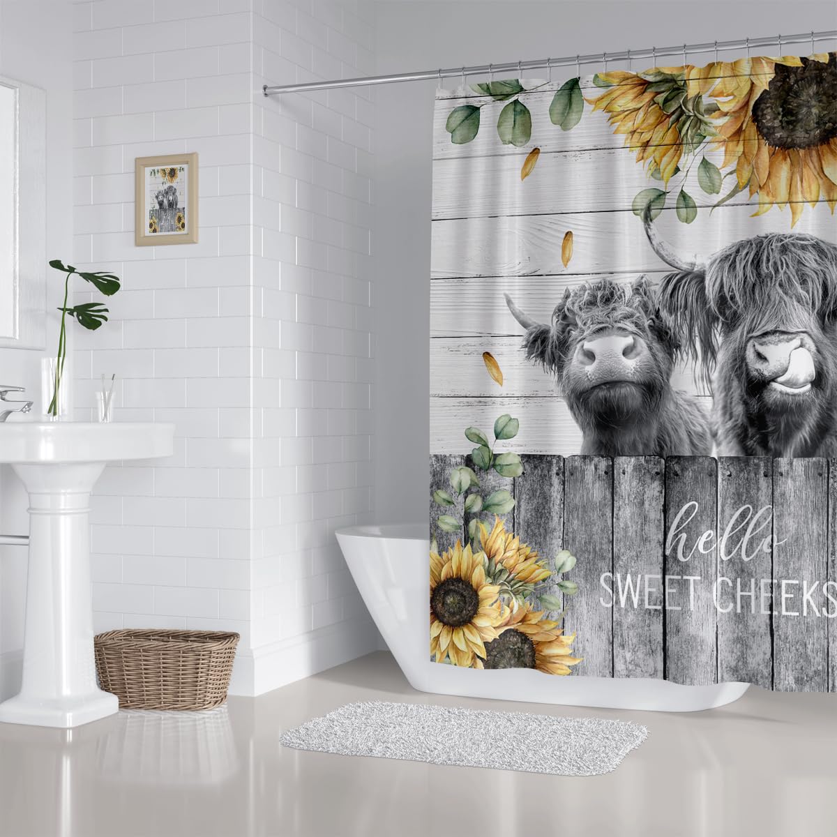 Zxmbf Farmhouse Highland Cow Shower Curtain Sunflower Funny Cattle Farm Western Wooden Fence Rustic Country Home Bathroom Decor