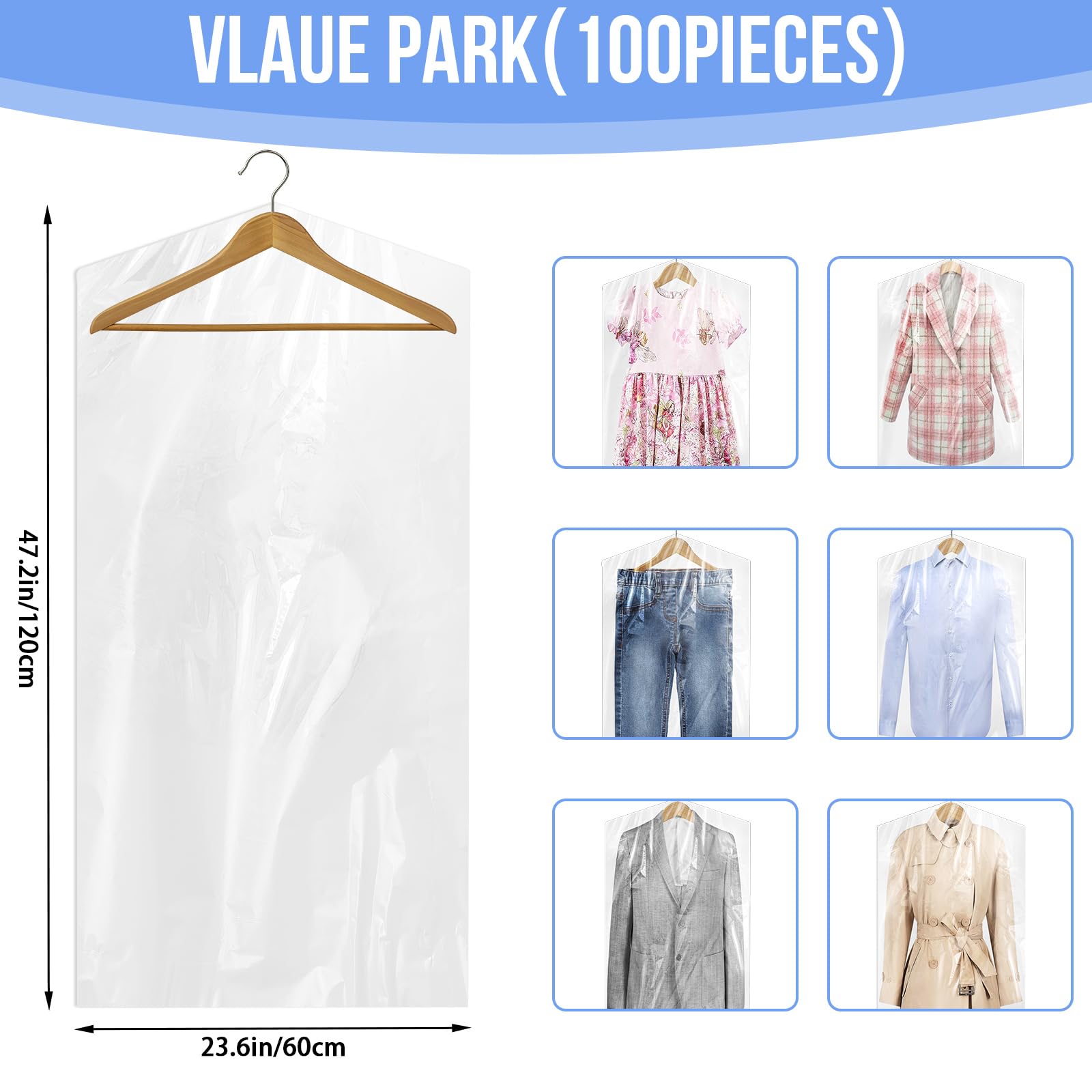 100 Pack Plastic Dry Cleaning Bags, 60X120 Cm Dry Cleaner Bags Plastic Clear, Dust-Proof Plastic Garment Bags For Dry Cleaner, H