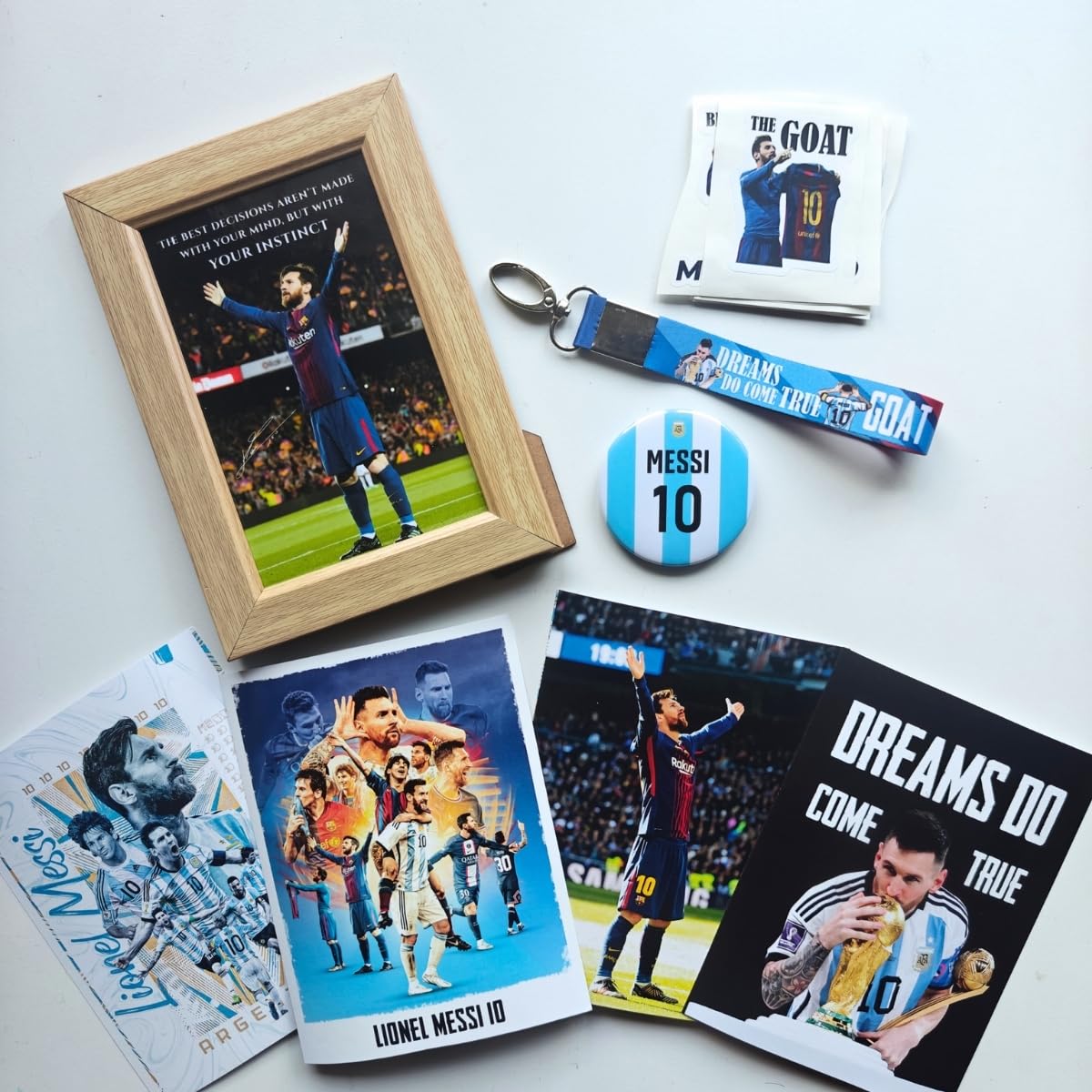 Tenorarts Lionel Messi Gift Box Merchandise For Fans - 5X7 Inches Laminated Photo Frame,1 Messi Keychain, 1 Badge, 4 4X6 Inches 