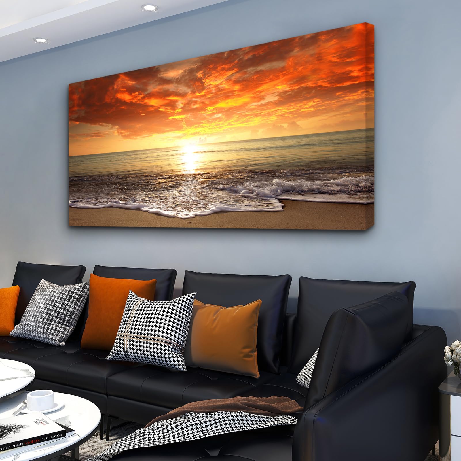S0162 Canvas Prints Wall Art Sunset Ocean Beach Pictures Photo Paintings for Living Room Bedroom Home Decorations Stretched and Framed Seascape Waves Landscape Giclee Artwork 30x60inch
