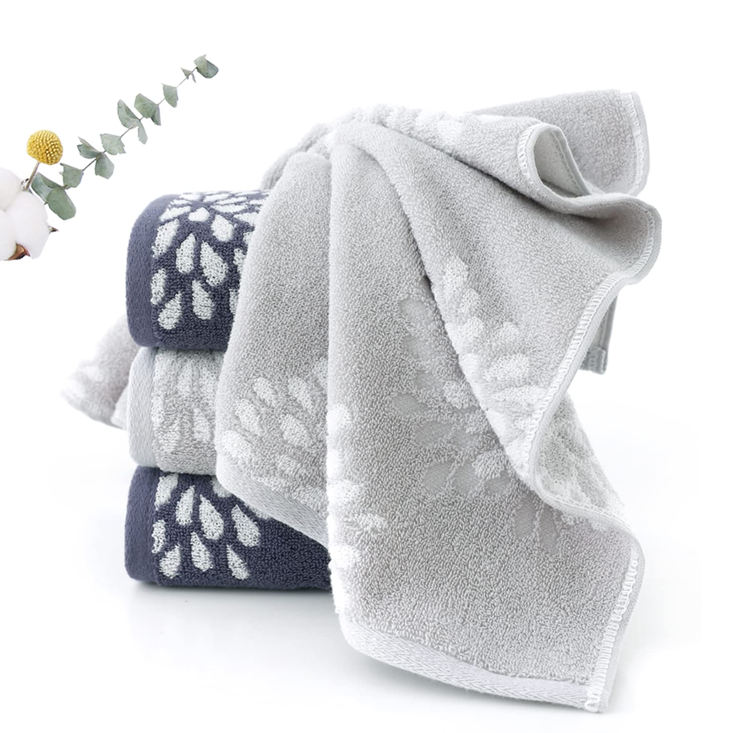 Pidada Hand Towels Set of 2 Hydrangea Floral Pattern 100% Cotton Absorbent Soft Decorative Towel for Bathroom (Light Grey & Denim Blue)