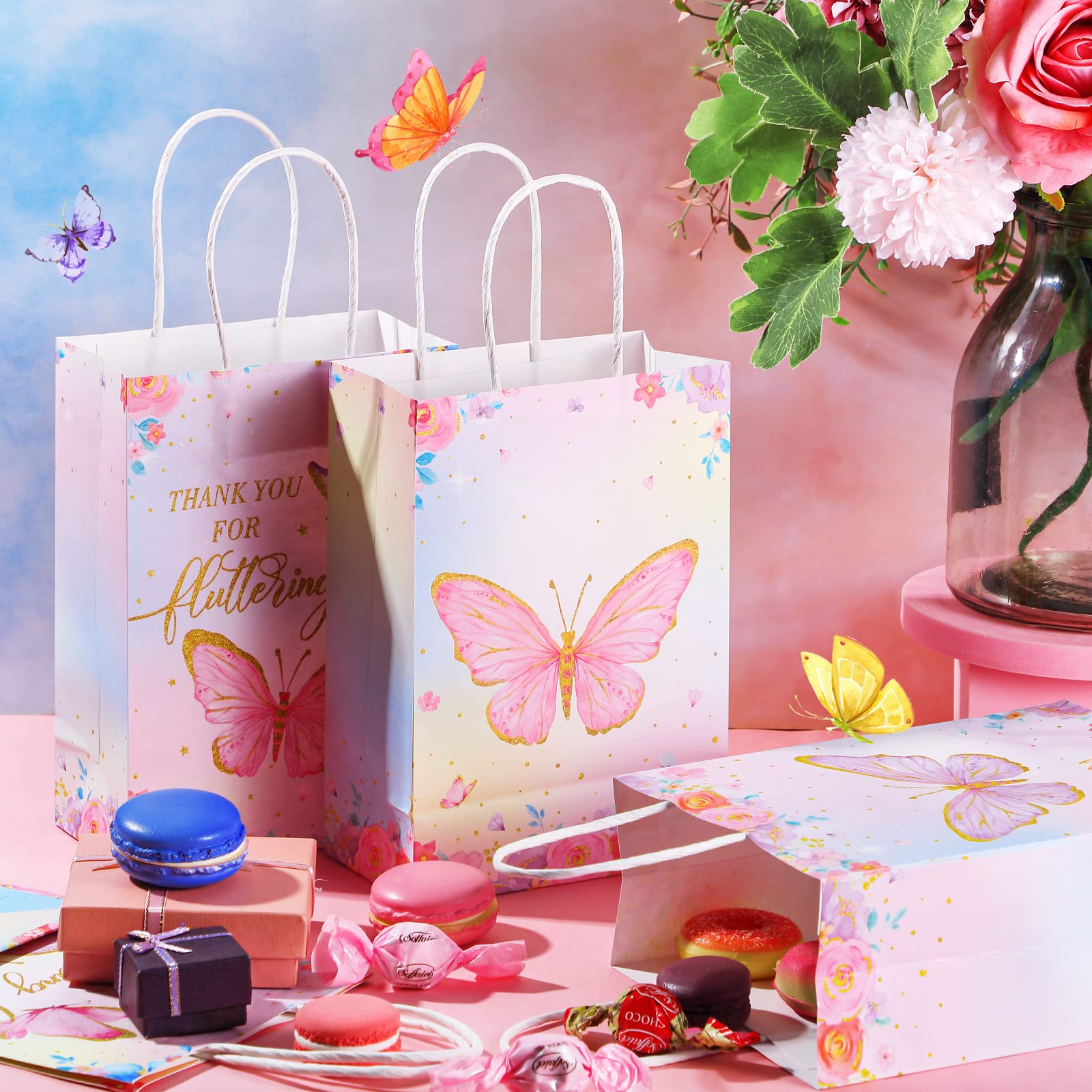 24 Pcs Butterfly Party Favors Gift Bags Goodie Treat Candy Bags Thank You For Fluttering By Paper Bags With Handles For Girls Bu