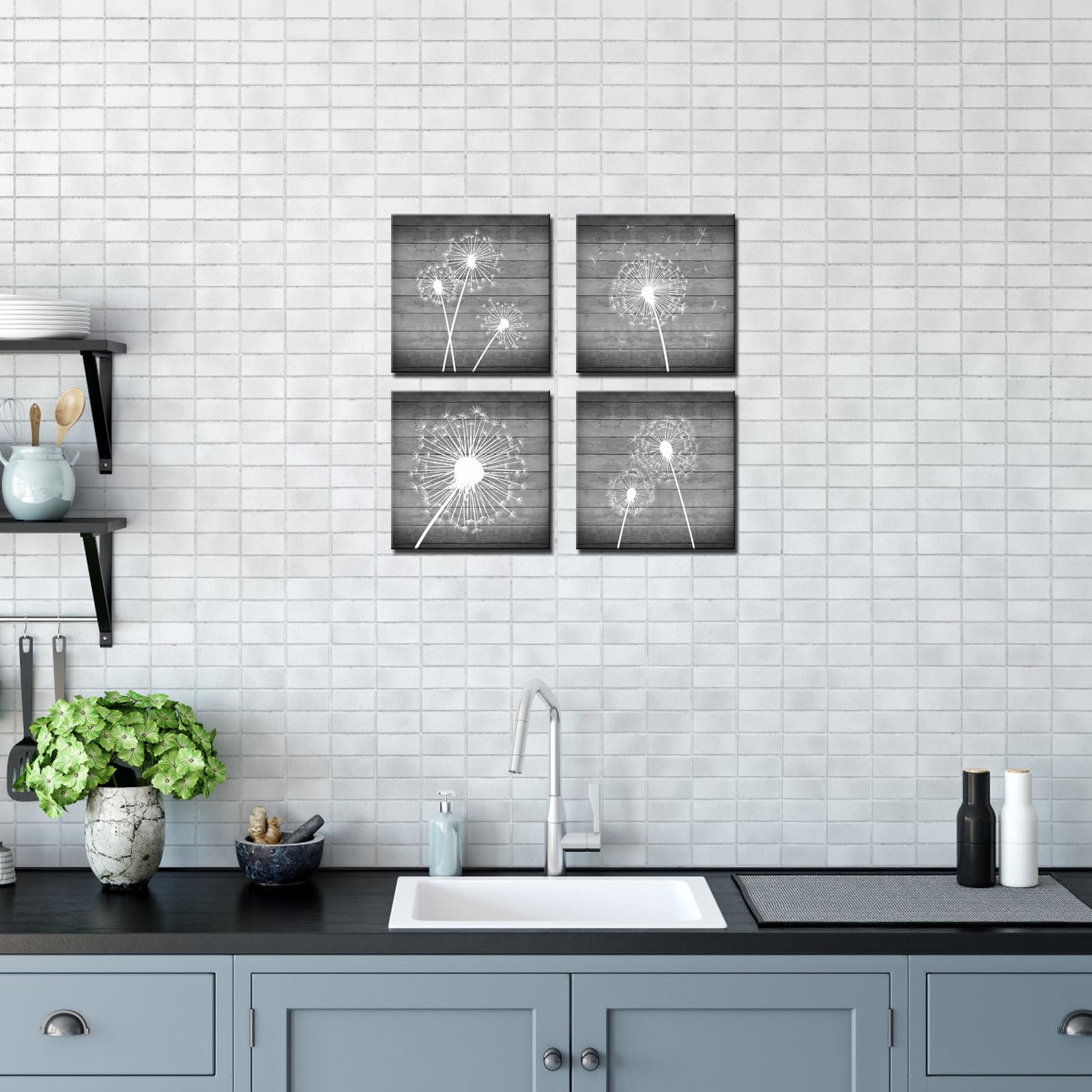sechars Dandelion Canvas Wall Art White and Grey Paintings Picture Decor Modern Bedroom Bathroom Decorations (12x12inchesx4pcs)