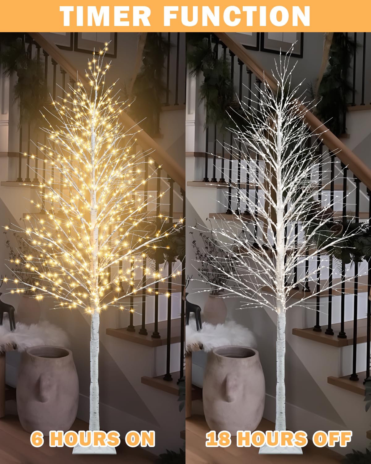 TORONTOKYO 6FT Lighted Birch Tree 910 LEDs Warm White Lights, 8 Modes Light Up White Artificial Christmas Twig Tree with Timer f