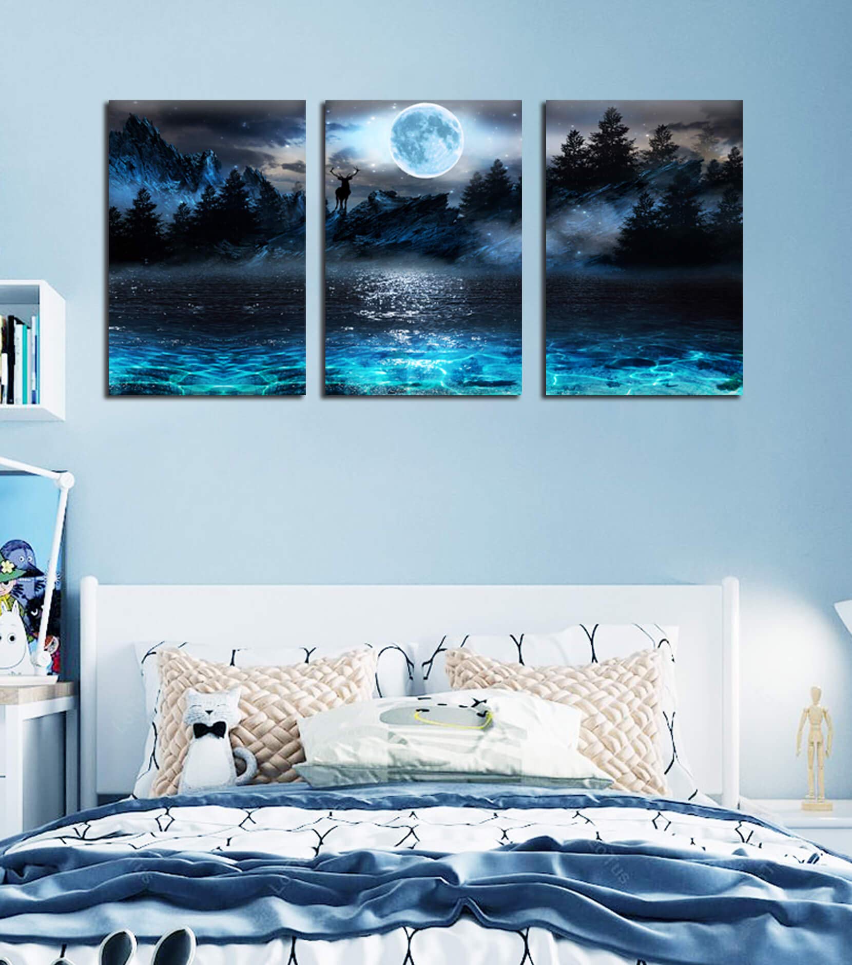 Aburaeart Moon Wall-Art - Deer Ocean Landscape Picture Wall Art For Living Room Modern Wall Decor For Bedroom - 3 Piece Canvas W